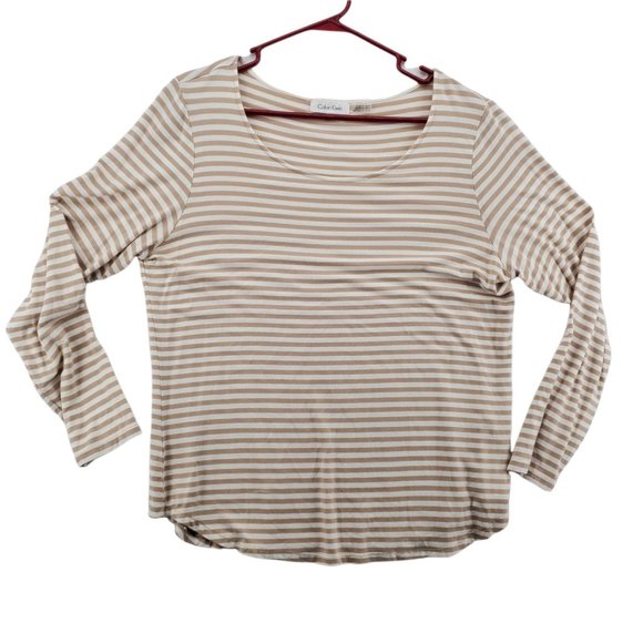 Calvin Klein Top Women's Long Sleeve Scoop Neck Striped T-Shirt Tan White Large - Picture 1 of 12